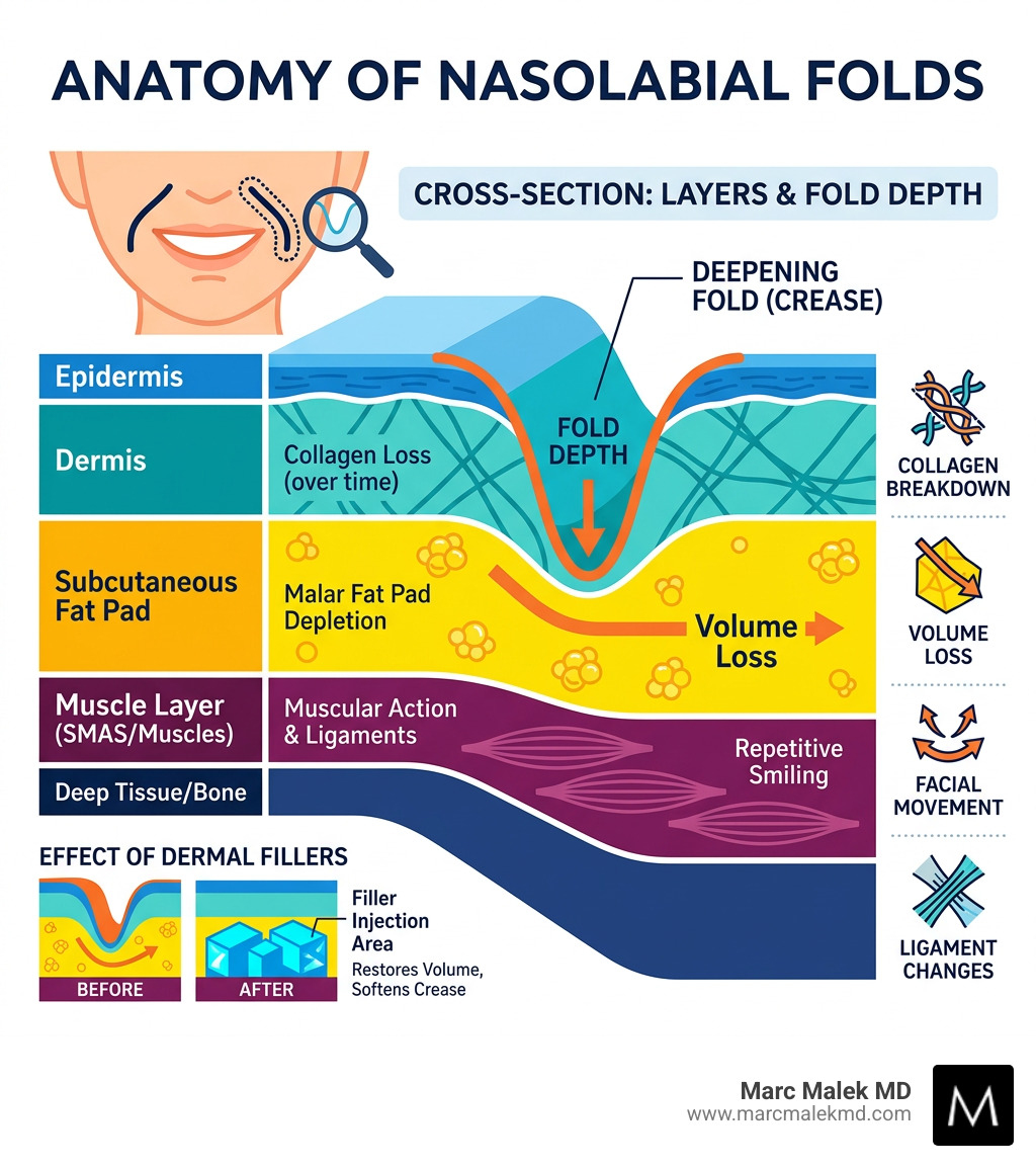 Anatomy of nasolabial folds showing fat pad, muscle layers, and fold depth infographic - dermal fillers for nasolabial folds Anatomy of nasolabial folds showing fat pad, muscle layers, and fold depth infographic - dermal fillers for nasolabial folds