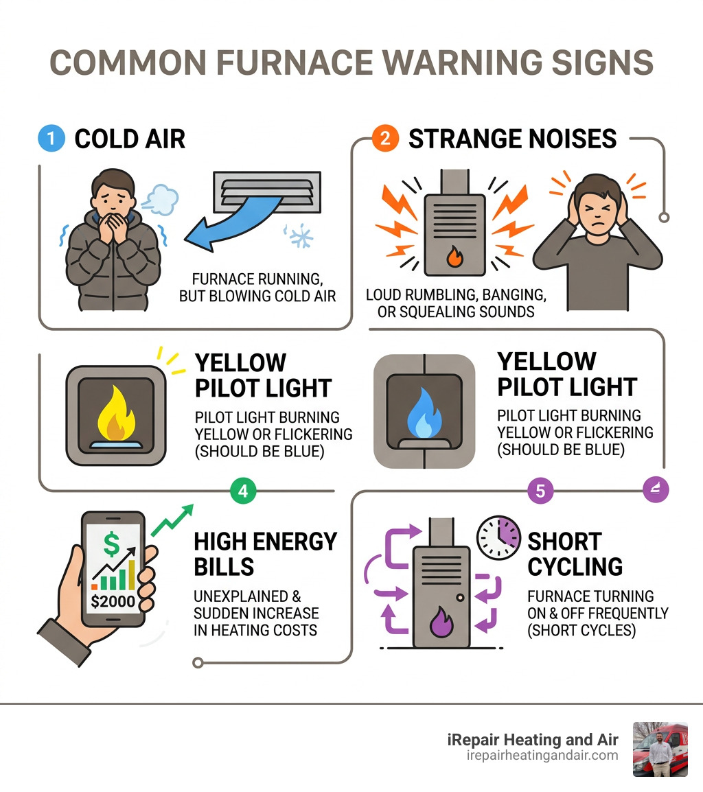 Infographic showing common furnace warning signs: cold air, strange noises, yellow pilot light, high bills, short cycling Infographic showing common furnace warning signs: cold air, strange noises, yellow pilot light, high bills, short cycling