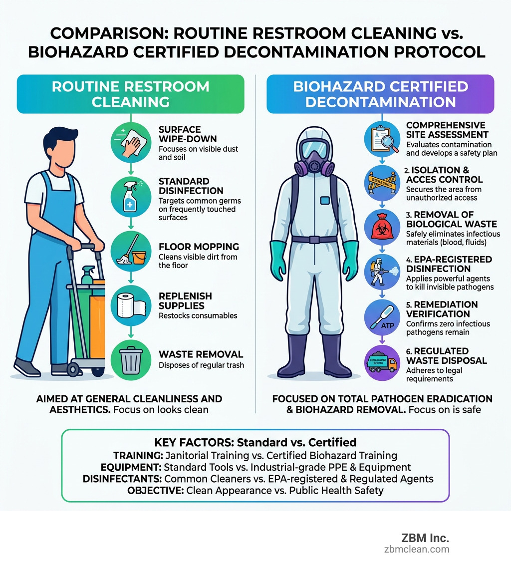 Infographic comparing routine restroom cleaning steps vs. biohazard certified restroom clean decontamination protocol