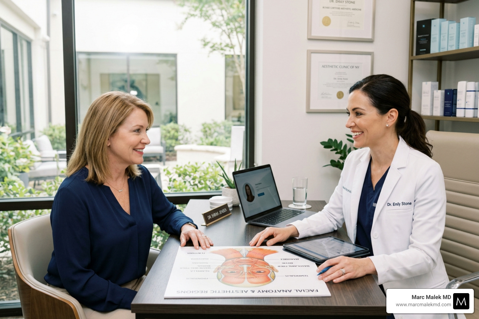 Professional aesthetic consultation between a doctor and patient in a modern office setting - dermal fillers for nasolabial Professional aesthetic consultation between a doctor and patient in a modern office setting - dermal fillers for nasolabial