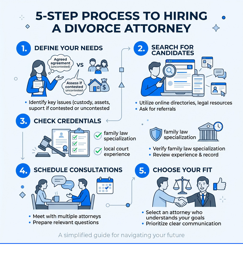 5-step process to hiring a divorce attorney infographic - find a divorce attorney infographic 