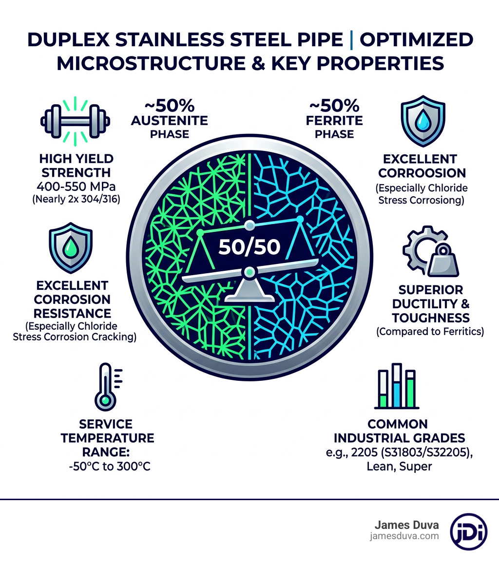 Infographic showing 50/50 austenite-ferrite balance in duplex stainless steel pipe with key properties - Duplex stainless