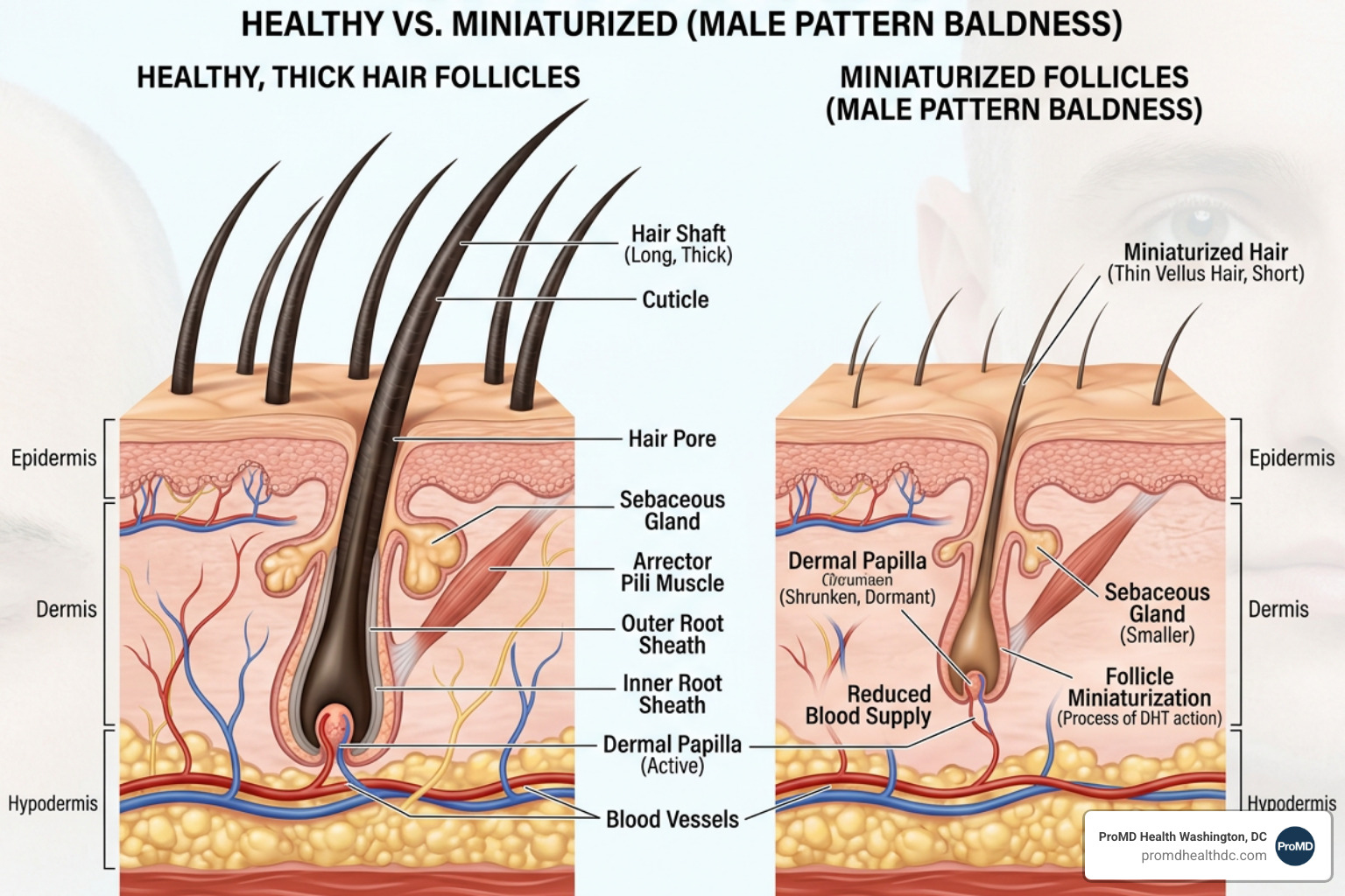 Healthy hair follicles vs miniaturized follicles - hair loss treatment for men Healthy hair follicles vs miniaturized follicles - hair loss treatment for men