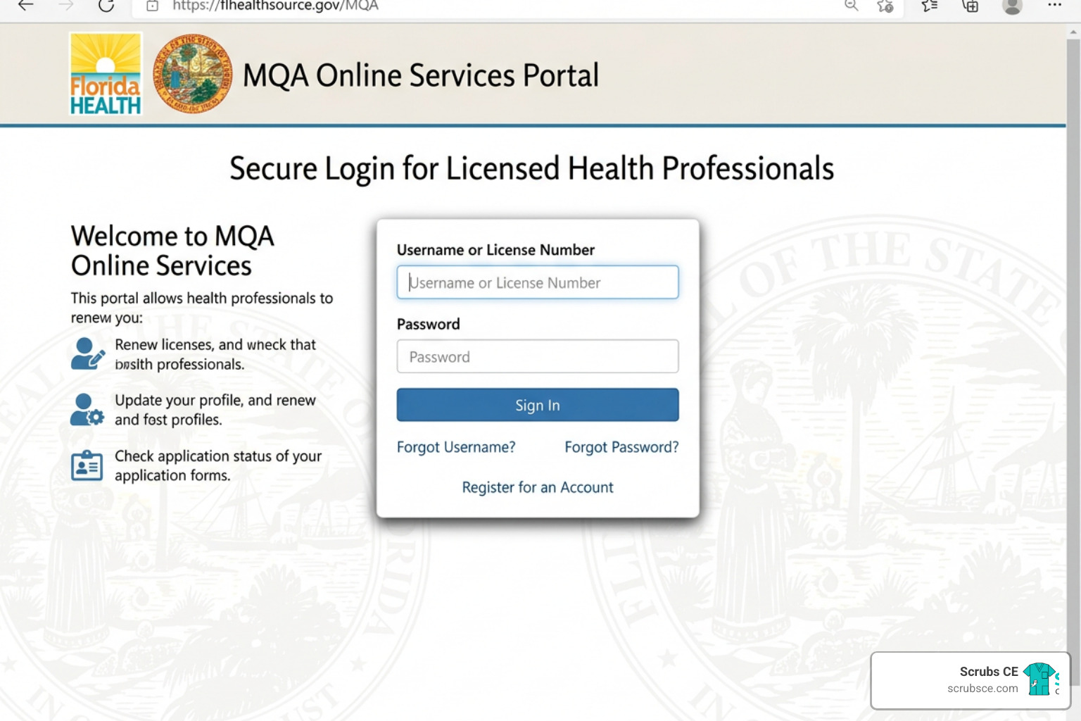 MQA Online Services portal login screen for Florida health professionals - florida radiologic technologist license renewal MQA Online Services portal login screen for Florida health professionals - florida radiologic technologist license renewal