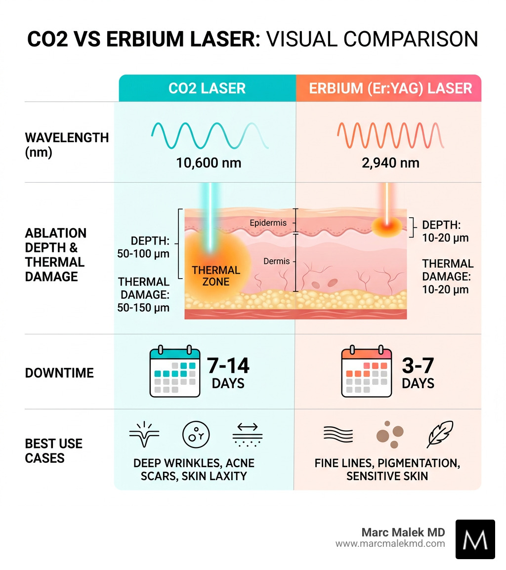 CO2 vs Erbium laser comparison infographic showing wavelength, depth, downtime, and best use cases - co2 erbium laser CO2 vs Erbium laser comparison infographic showing wavelength, depth, downtime, and best use cases - co2 erbium laser