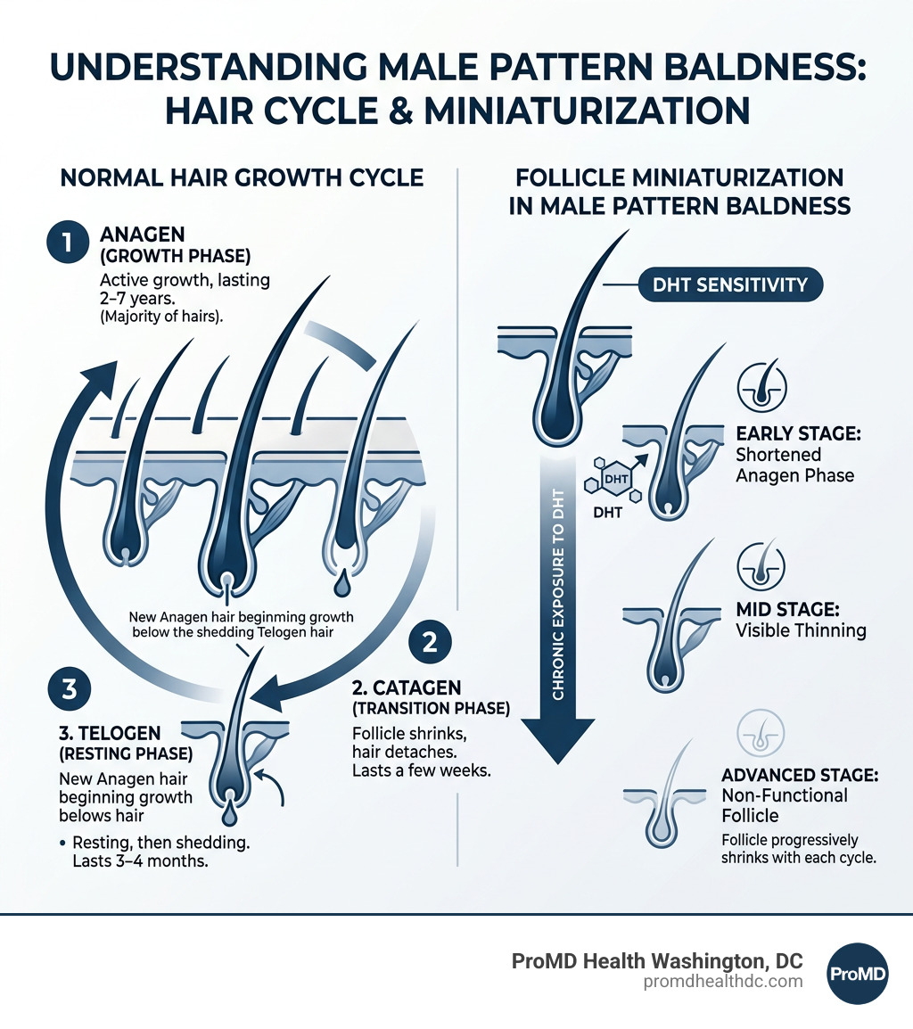 Hair growth cycle and follicle miniaturization in male pattern baldness - hair loss treatment for men infographic Hair growth cycle and follicle miniaturization in male pattern baldness - hair loss treatment for men infographic