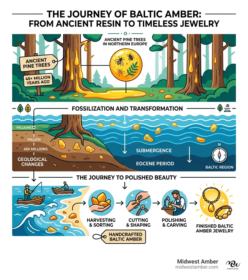 Infographic showing how Baltic amber forms from ancient pine resin to polished jewelry over 45 million years - Amber jewelry