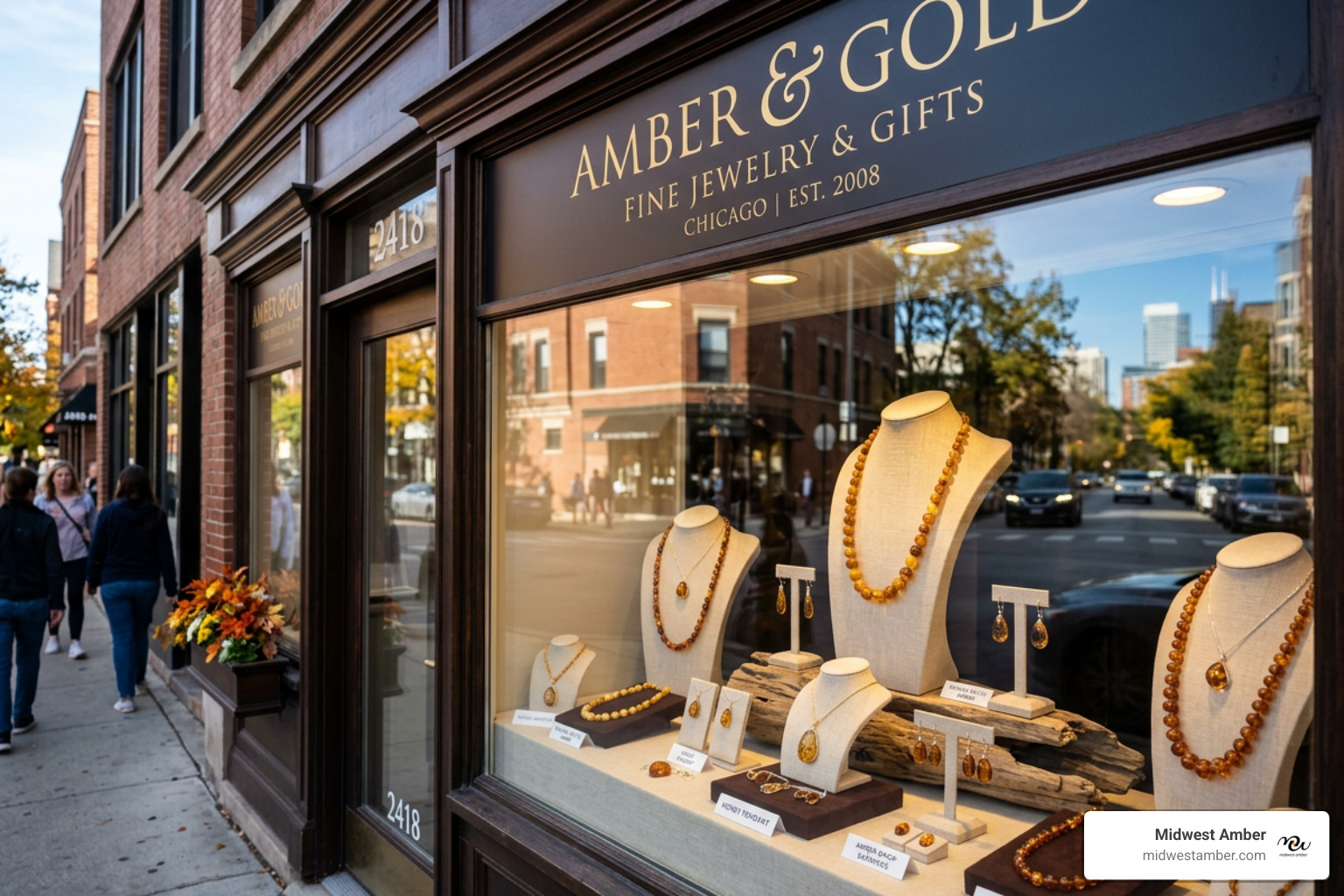 A local Chicago jewelry boutique window featuring Baltic amber displays - Amber jewelry Chicago