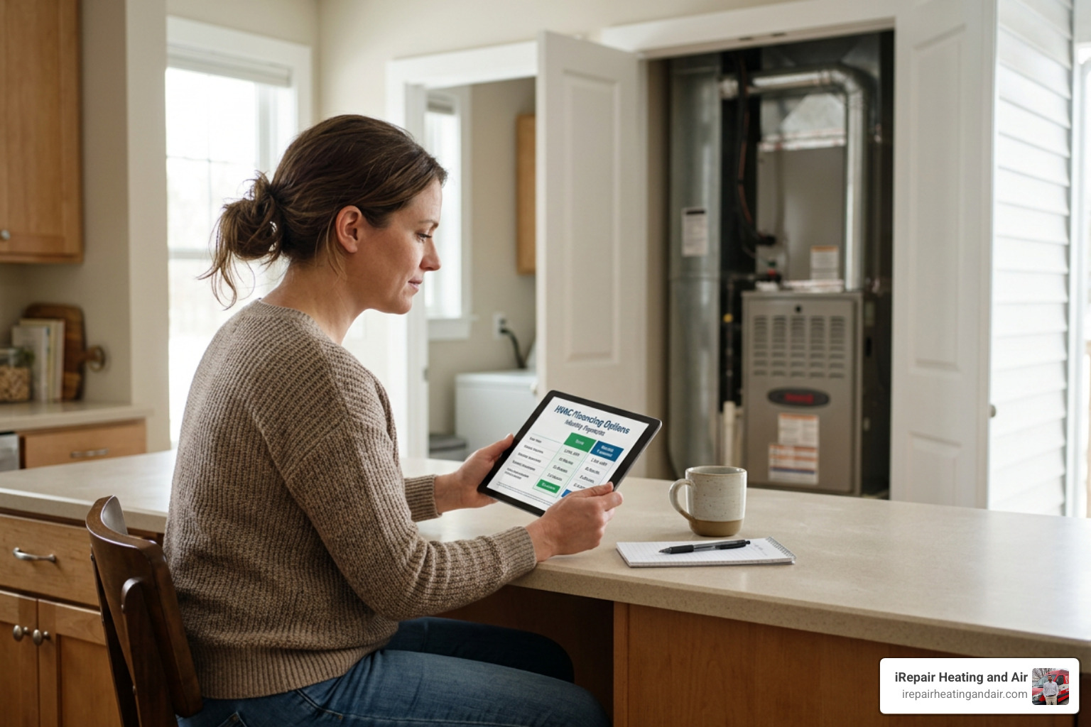 Homeowner reviewing HVAC financial options on a tablet - ac and heating financing