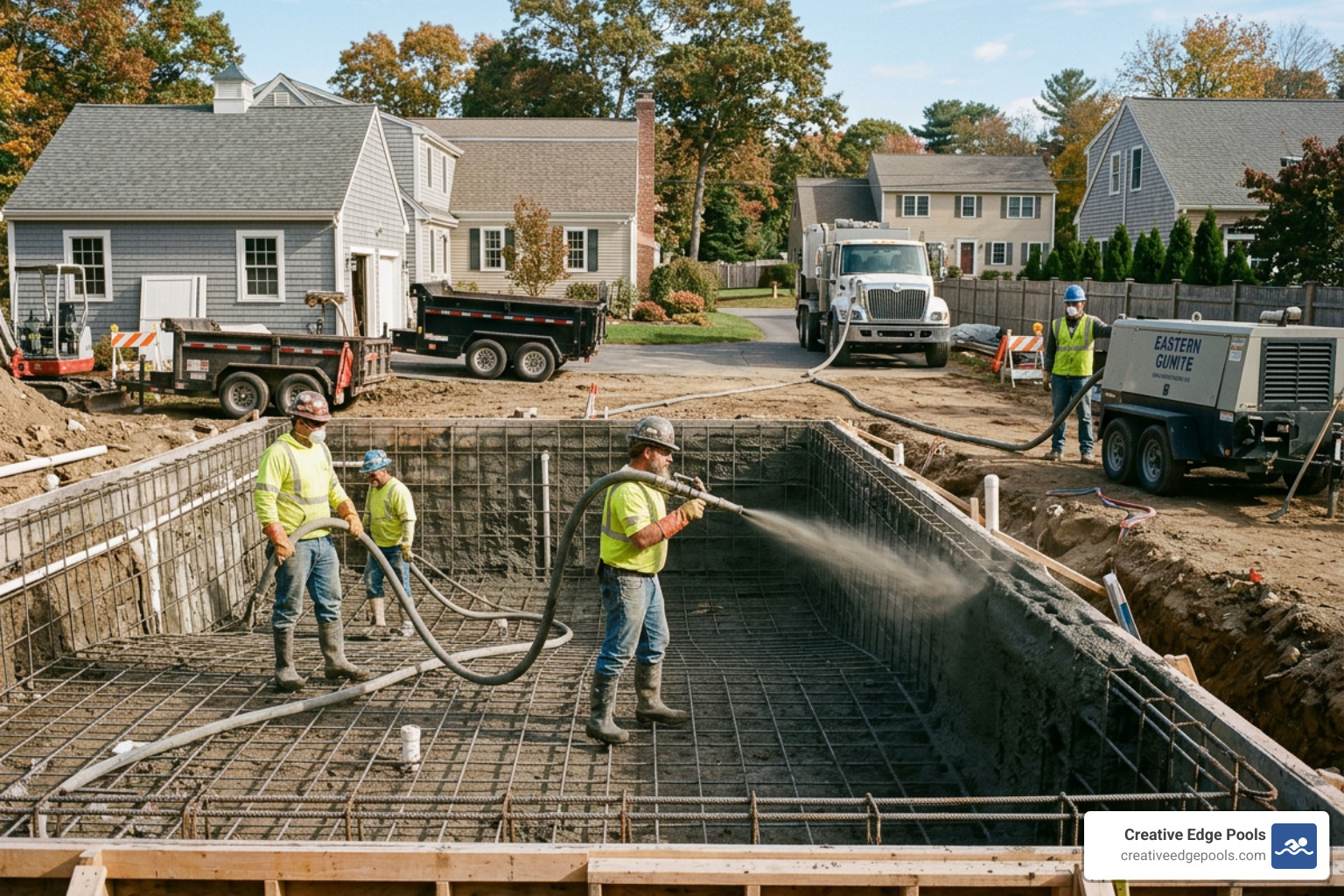 The gunite spraying process over a steel rebar frame - gunite pools Eastern MA