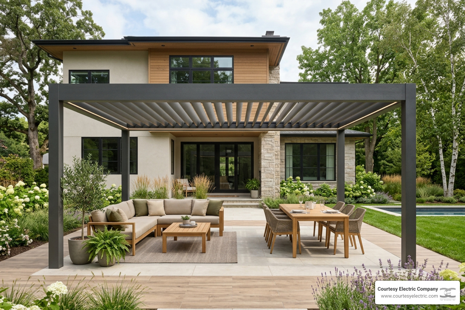 motorized pergola with adjustable louvers and integrated lighting in a modern backyard - best outdoor shades services in motorized pergola with adjustable louvers and integrated lighting in a modern backyard - best outdoor shades services in