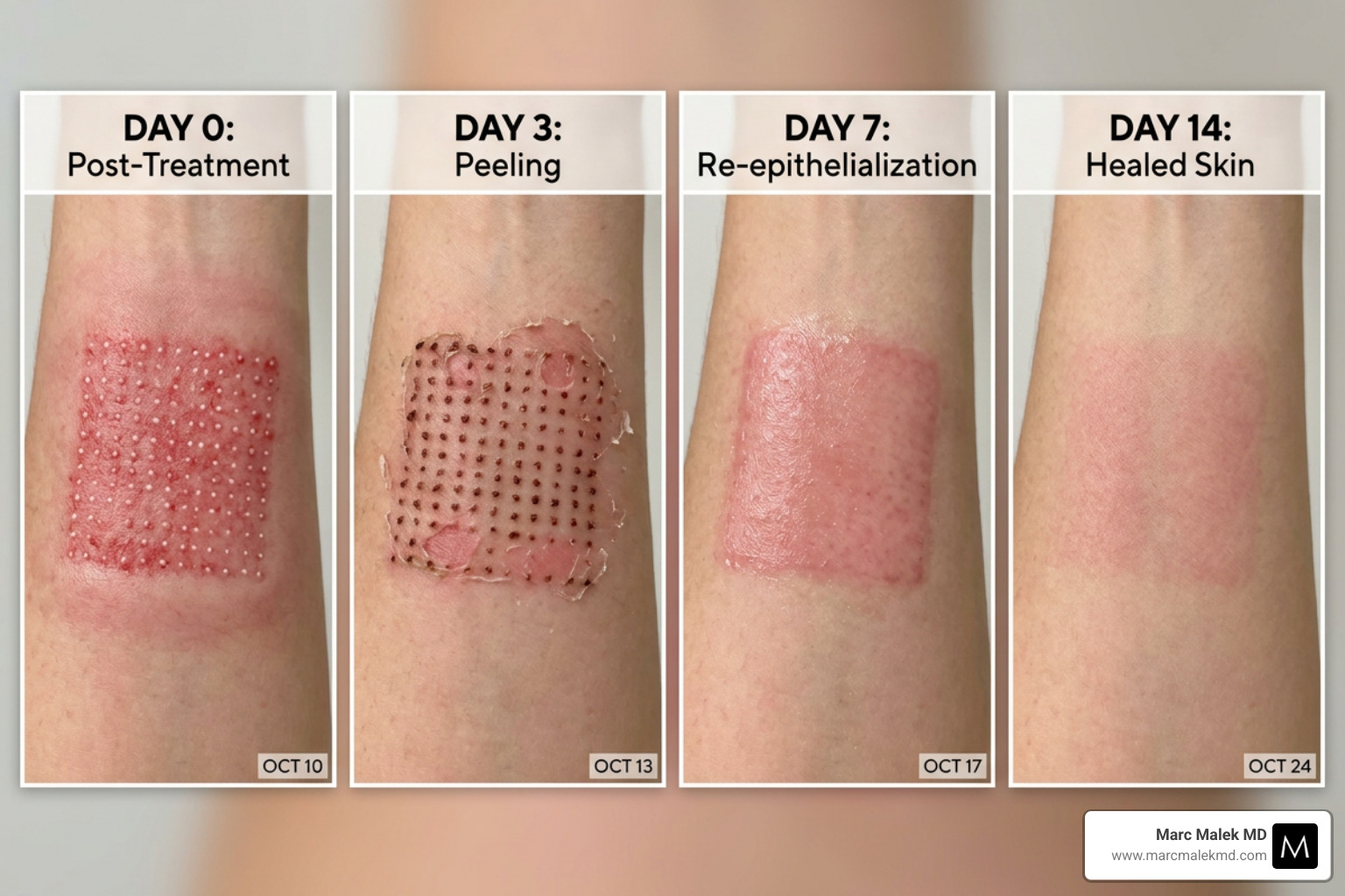IMAGE showing the skin healing process over 14 days following laser treatment - co2 erbium laser IMAGE showing the skin healing process over 14 days following laser treatment - co2 erbium laser