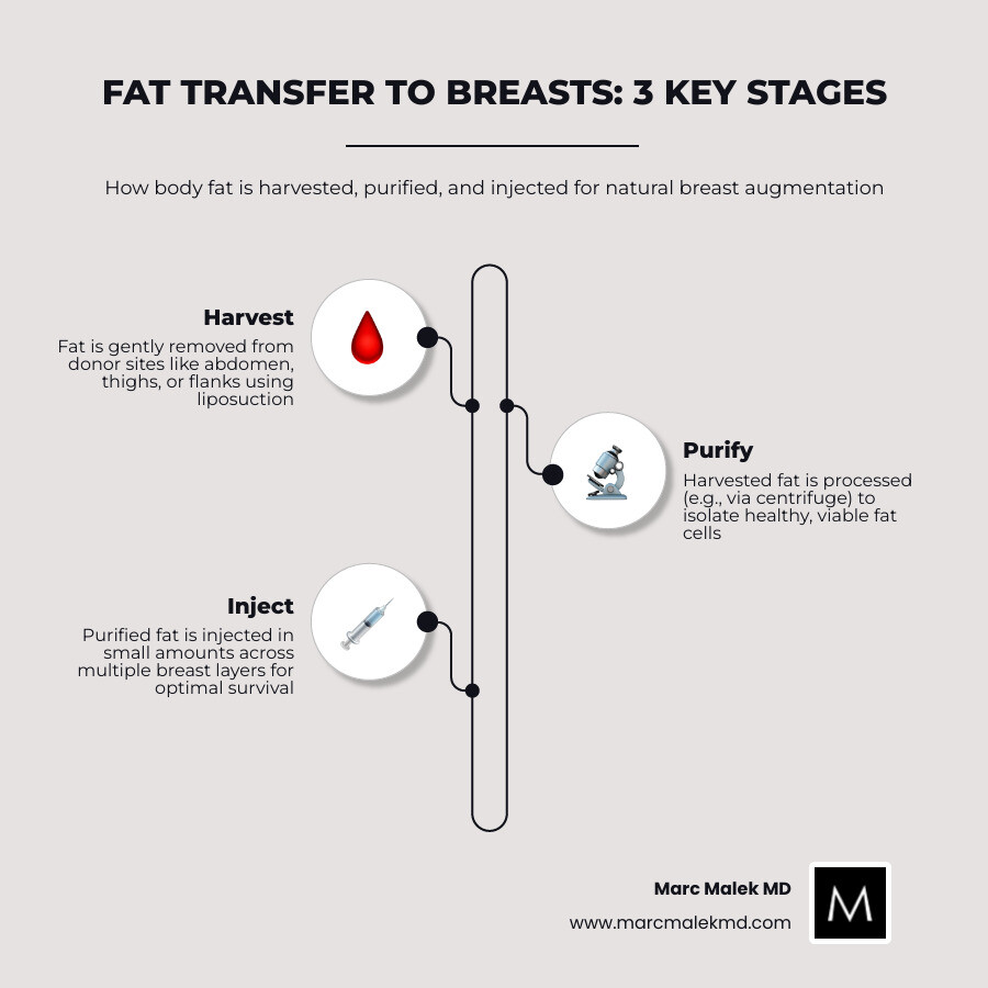 Three stages of fat transfer breast augmentation: harvest, purify, inject - transfer body fat to breasts infographic Three stages of fat transfer breast augmentation: harvest, purify, inject - transfer body fat to breasts infographic