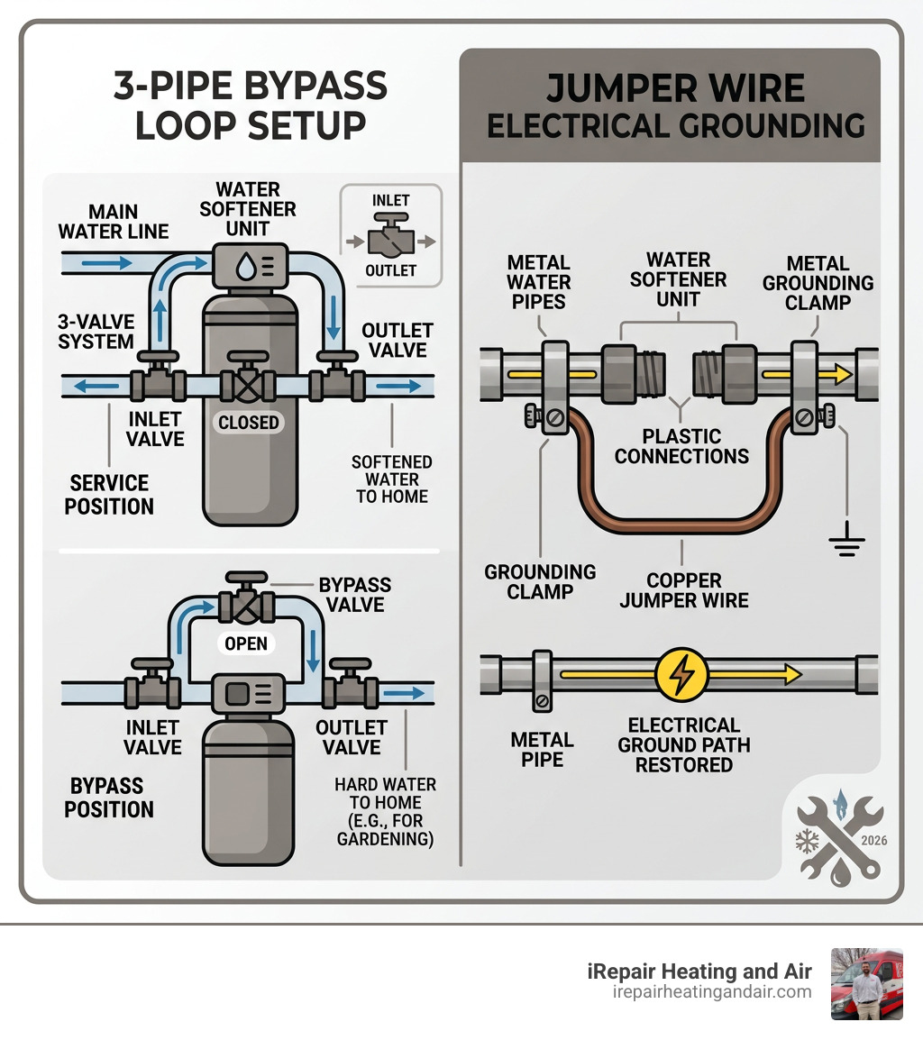 Infographic showing the 3-pipe loop and jumper wire grounding setup - water softener piping infographic 