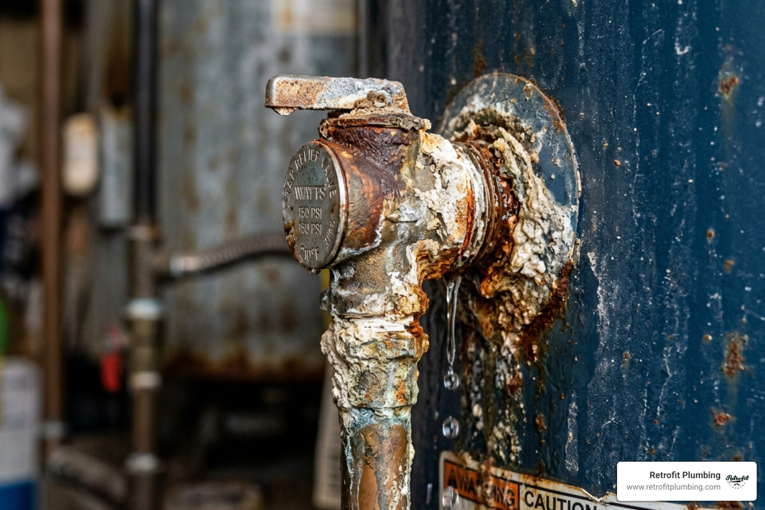 Corroded and leaking T&P valve threads with mineral crust - replacing water heater relief valve Corroded and leaking T&P valve threads with mineral crust - replacing water heater relief valve