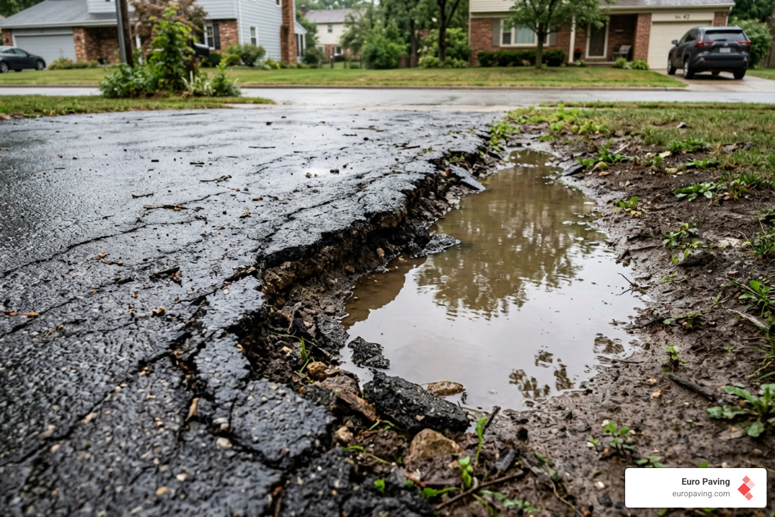 Water pooling at a driveway edge causing erosion - repair crumbling edge asphalt driveway