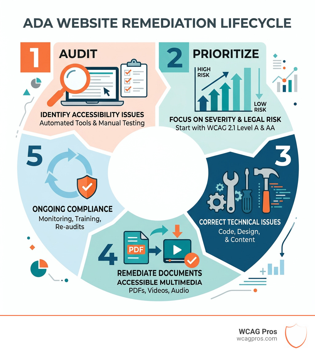 ADA website remediation lifecycle infographic showing audit, prioritize, fix, remediate documents, and maintain steps - ada ADA website remediation lifecycle infographic showing audit, prioritize, fix, remediate documents, and maintain steps - ada