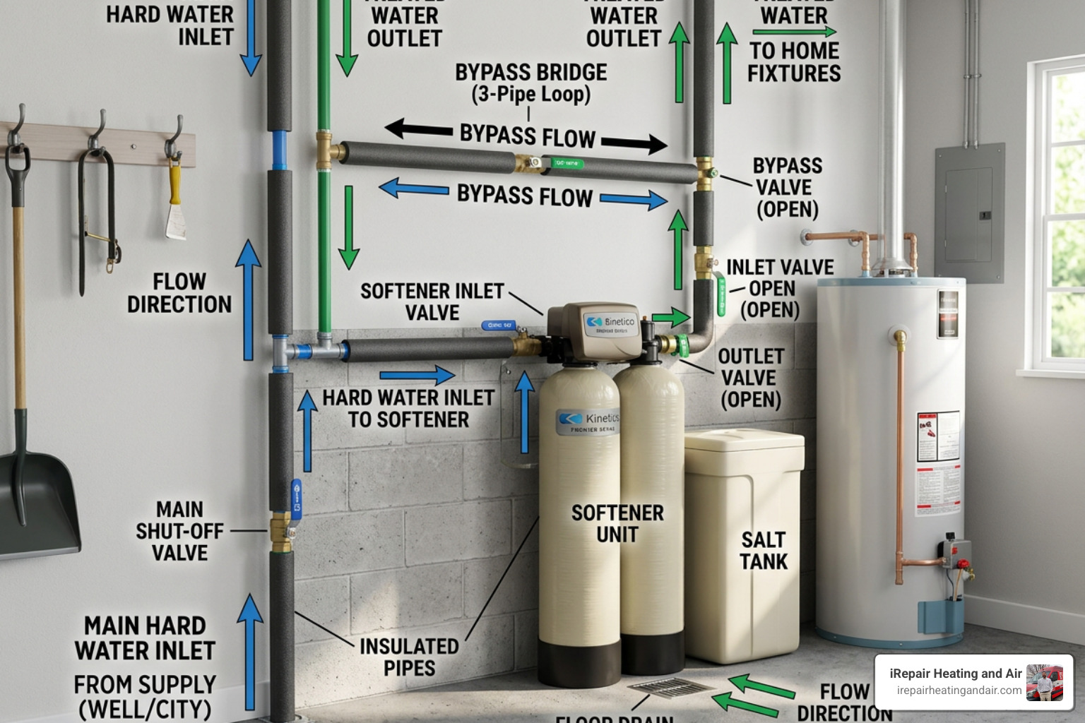 Diagram of a 3-pipe water softener loop showing inlet, outlet, and bypass valves - water softener piping