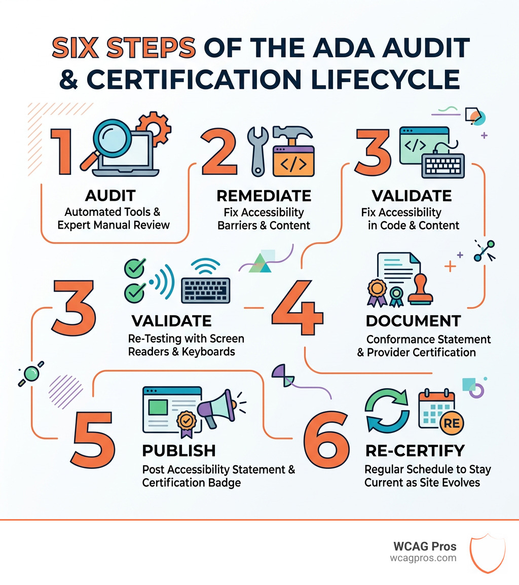 Six steps of the ADA audit and certification lifecycle infographic - ada compliant website certification infographic Six steps of the ADA audit and certification lifecycle infographic - ada compliant website certification infographic
