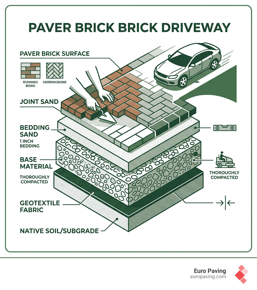 Infographic showing structural layers of a professional paver brick driveway installation - paver brick driveway infographic 