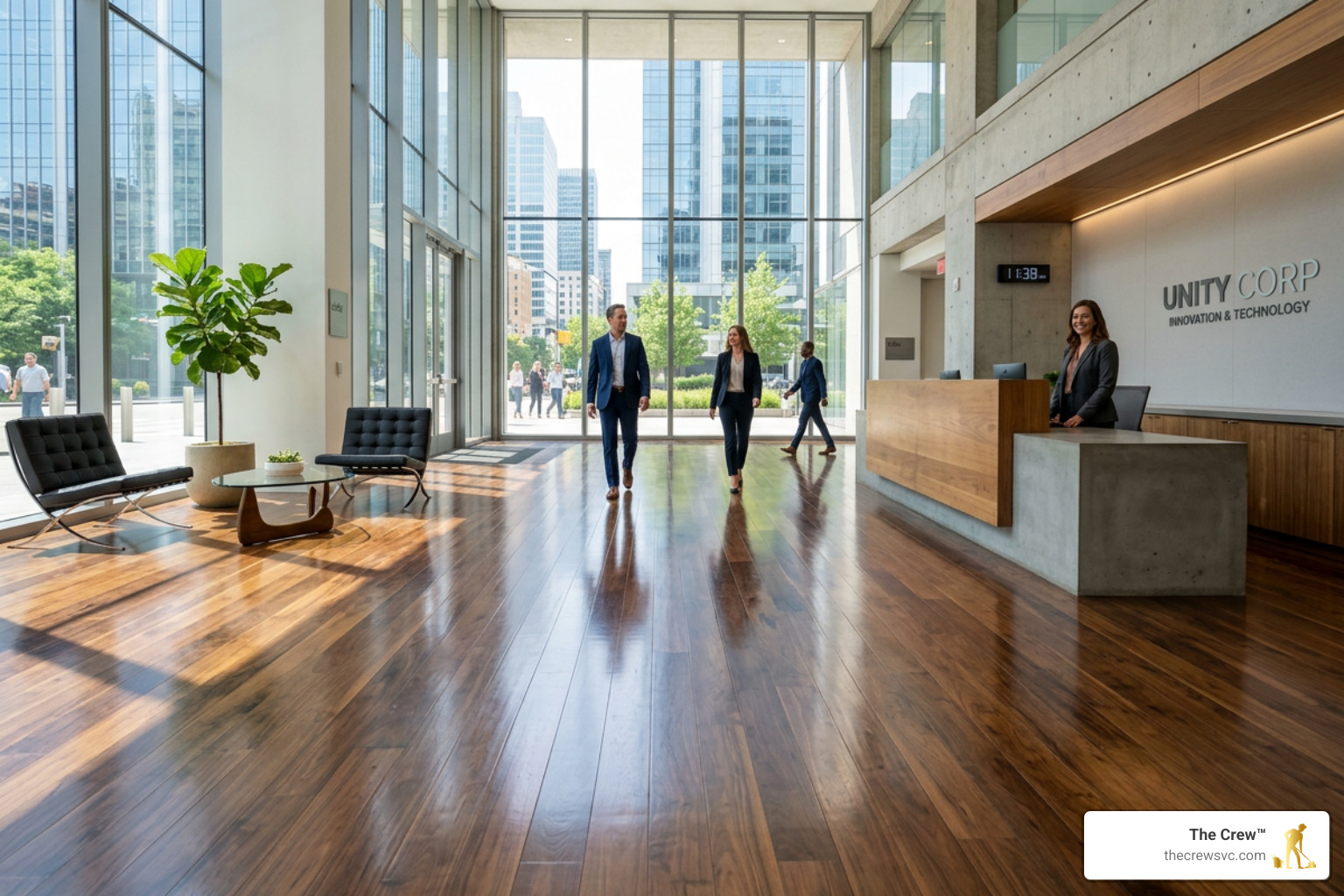 Pristine polished hardwood floors in a modern office lobby - floor cleaning services cost Pristine polished hardwood floors in a modern office lobby - floor cleaning services cost