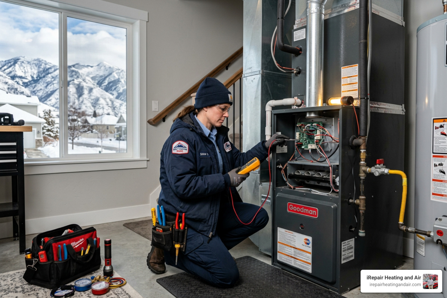 Professional technician inspecting a furnace in a Salt Lake City home - furnace repair in salt lake city Professional technician inspecting a furnace in a Salt Lake City home - furnace repair in salt lake city