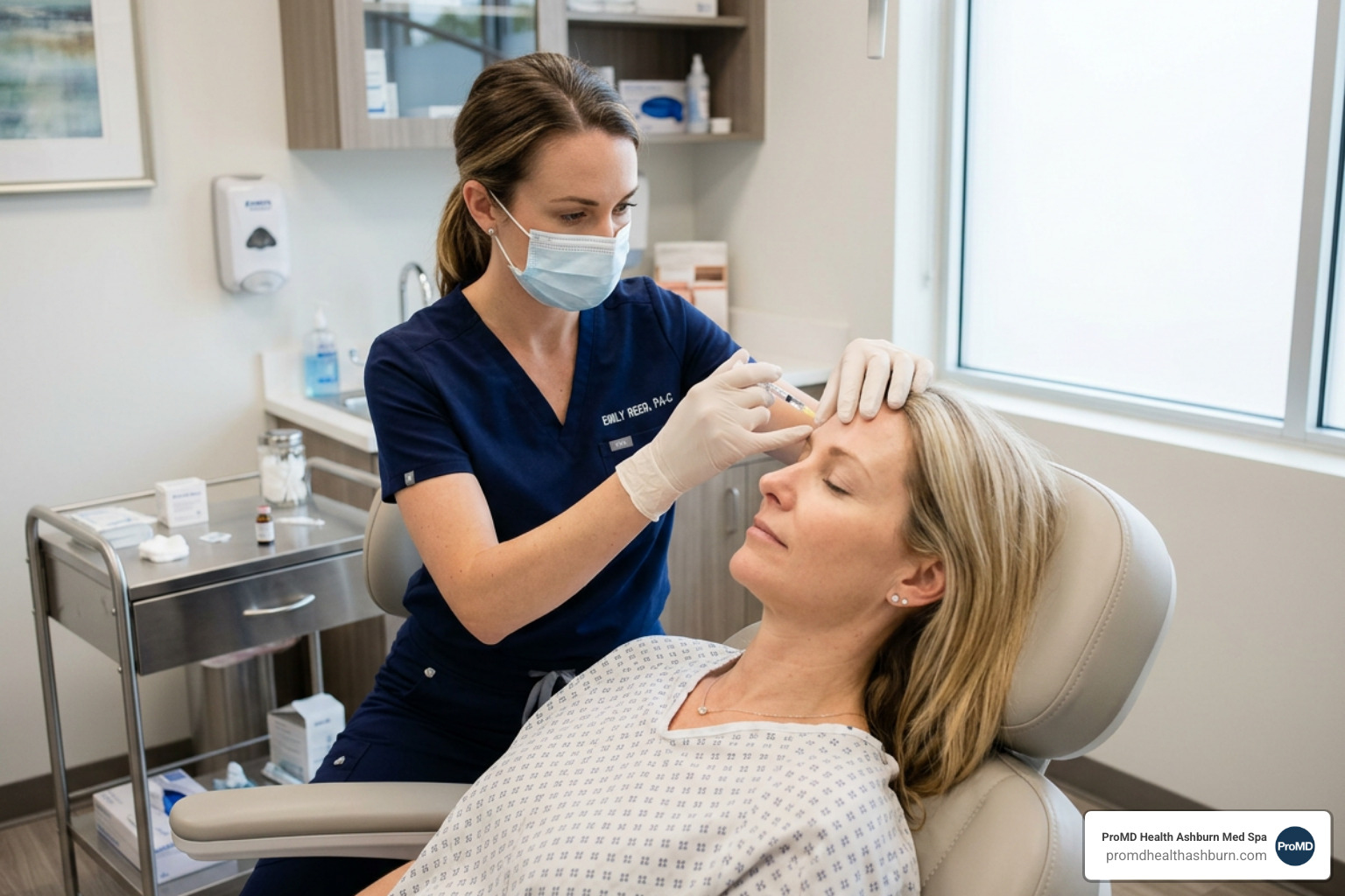 A provider performing a precise injection on a patient's forehead area - wrinkle relaxing facial injection brands A provider performing a precise injection on a patient's forehead area - wrinkle relaxing facial injection brands