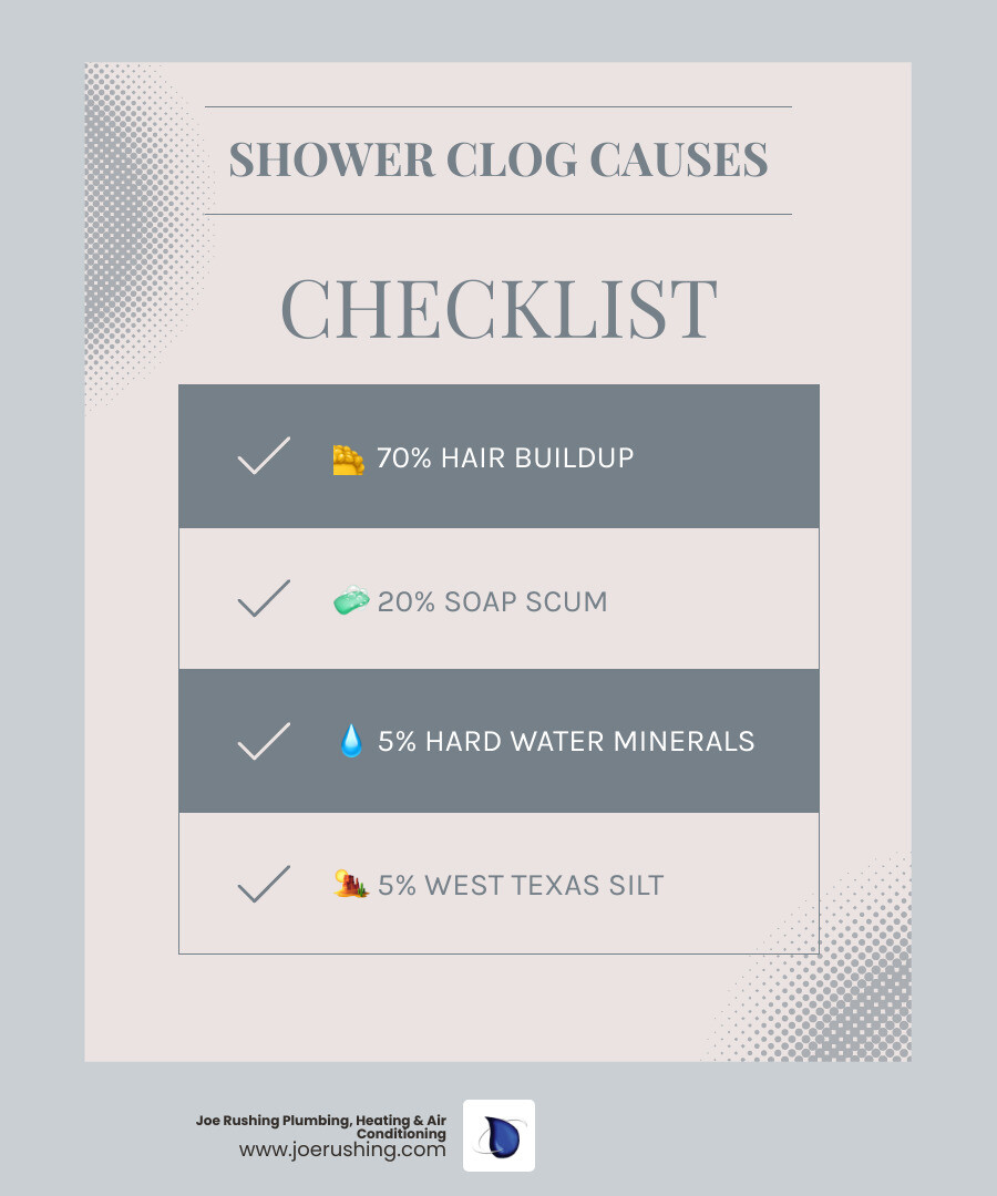 Infographic showing common causes of shower drain clogs and step-by-step solutions for Lubbock homeowners - shower drain Infographic showing common causes of shower drain clogs and step-by-step solutions for Lubbock homeowners - shower drain