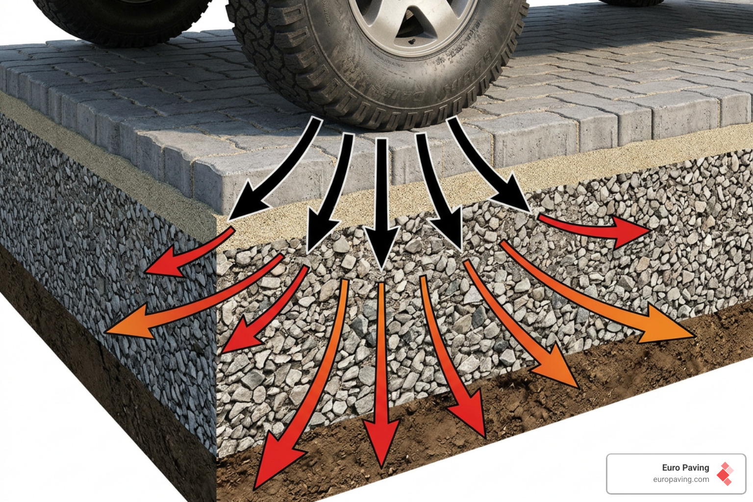 Interlocking pavers under heavy vehicle load showing weight distribution - paver brick driveway