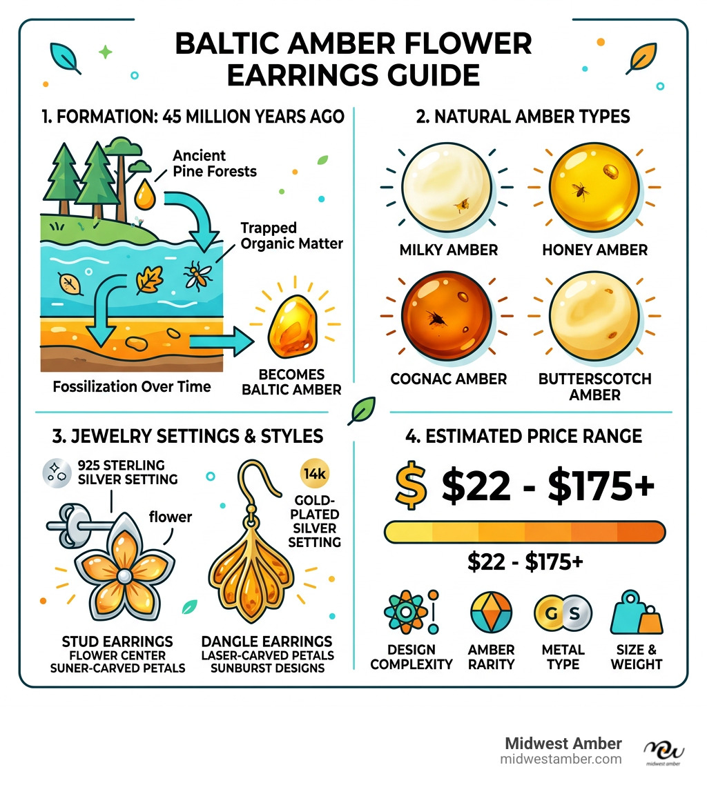 Infographic showing 45-million-year Baltic amber formation, types, settings, and price range for amber flower earrings Infographic showing 45-million-year Baltic amber formation, types, settings, and price range for amber flower earrings