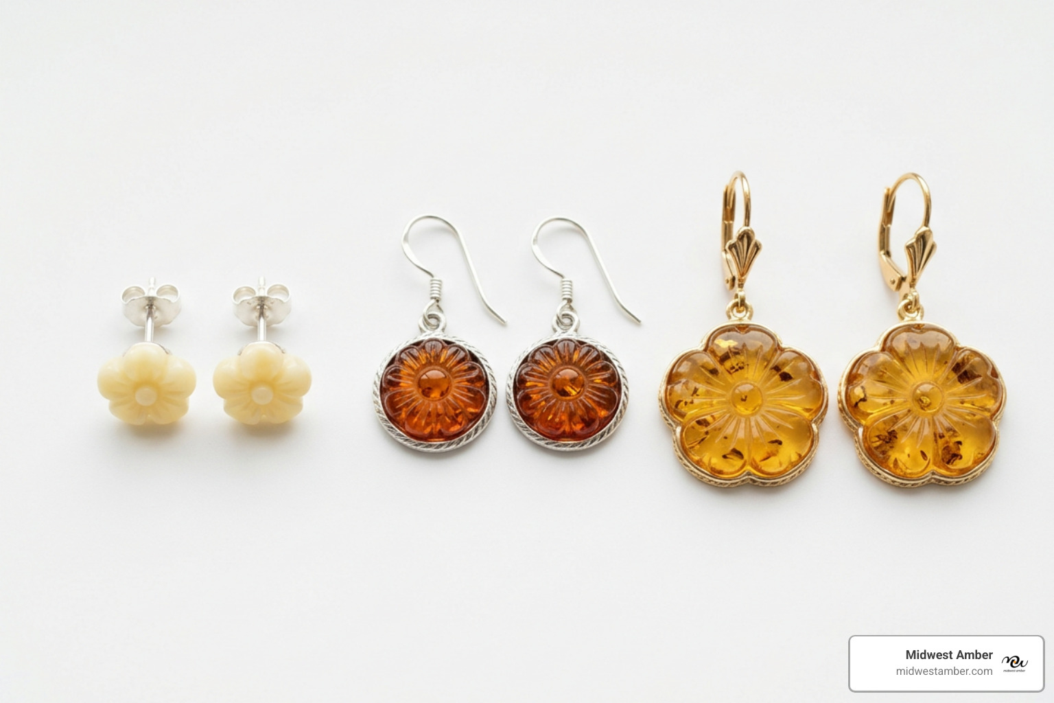Comparison of dangling cognac amber flowers vs milky amber flower studs - Amber flower earrings Comparison of dangling cognac amber flowers vs milky amber flower studs - Amber flower earrings