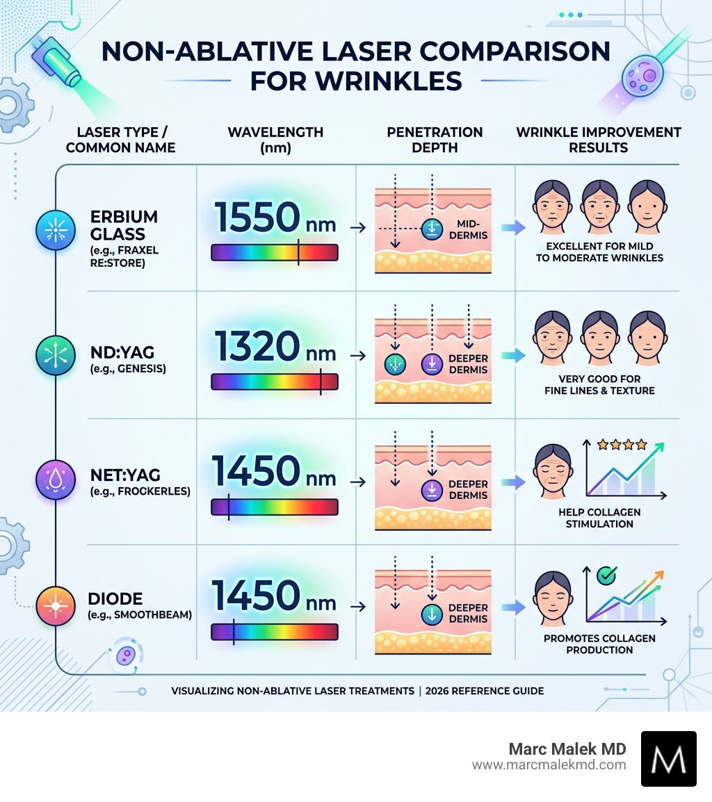 Infographic comparing non-ablative laser types, wavelengths, penetration depths, and wrinkle improvement results - best non Infographic comparing non-ablative laser types, wavelengths, penetration depths, and wrinkle improvement results - best non