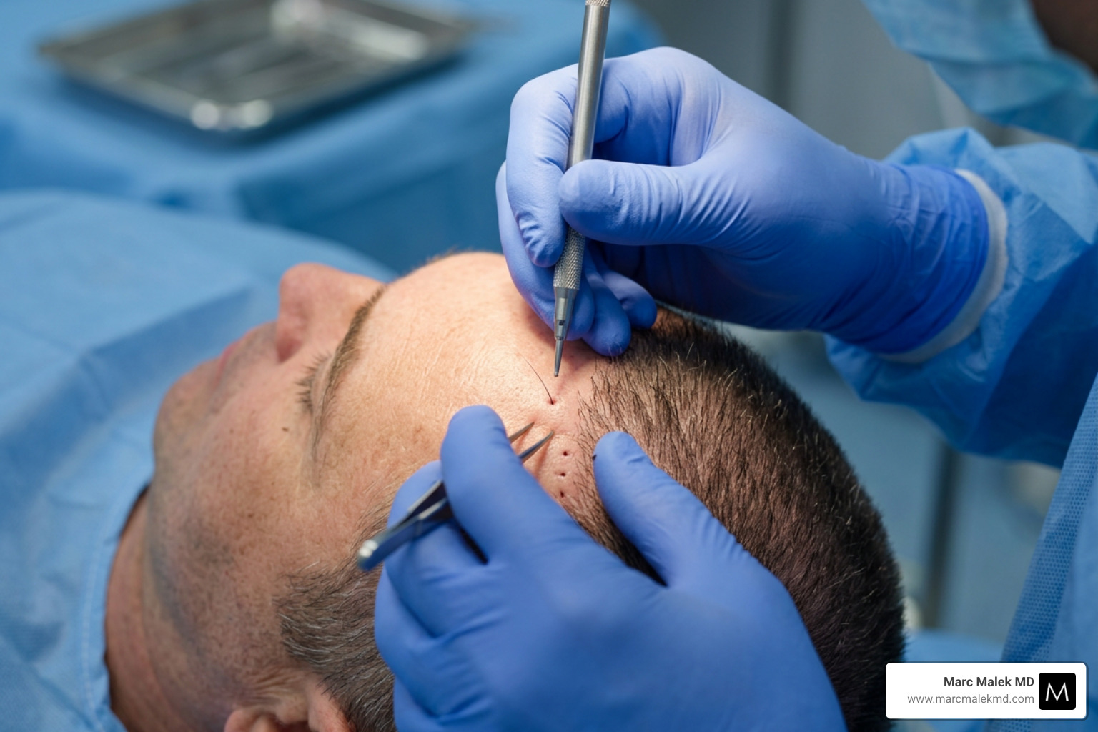 FUE harvesting process showing individual follicle extraction - hairline transplant FUE harvesting process showing individual follicle extraction - hairline transplant