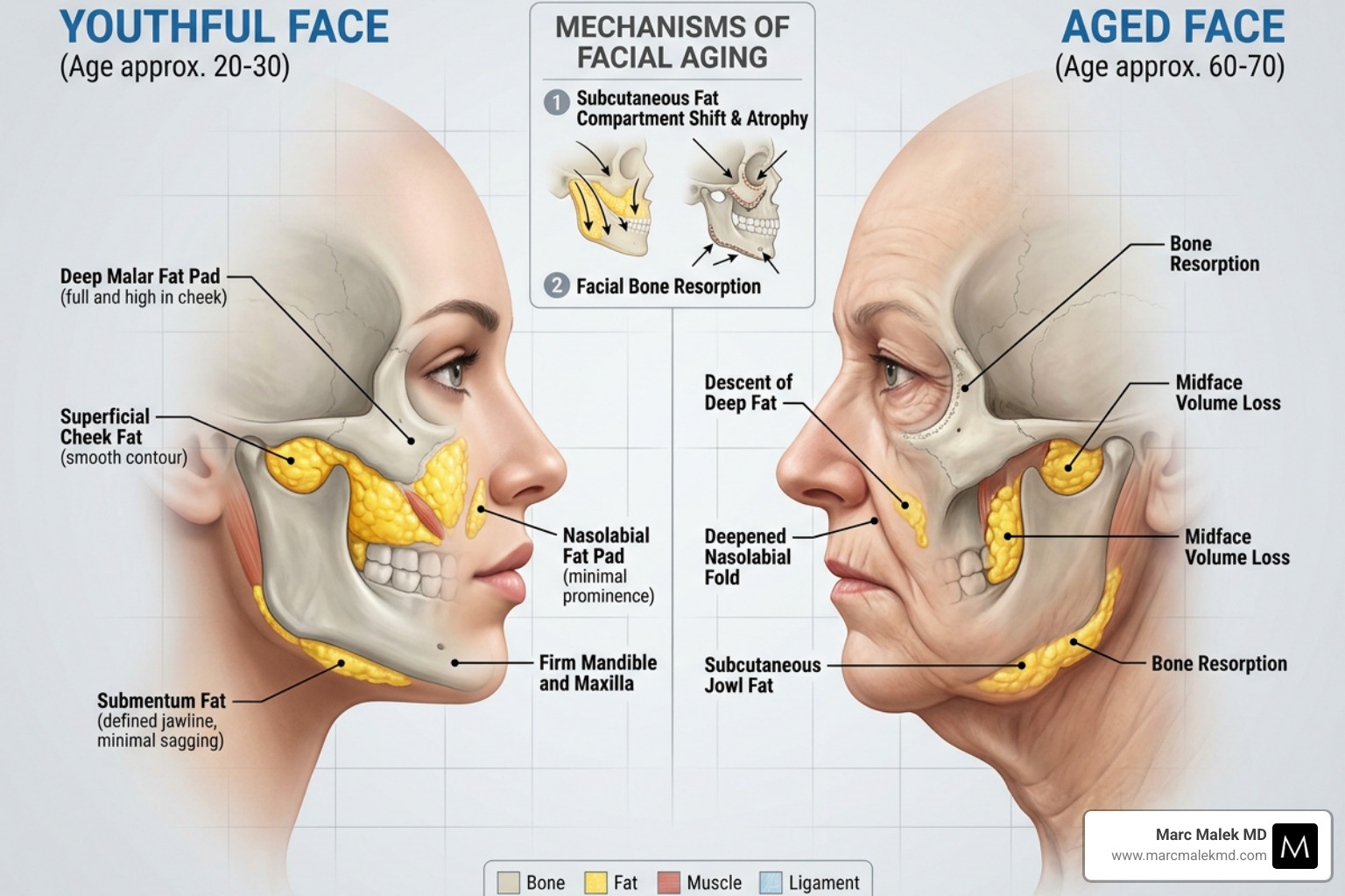 The descent of facial fat pads and bone resorption over time - jaw dermal filler The descent of facial fat pads and bone resorption over time - jaw dermal filler