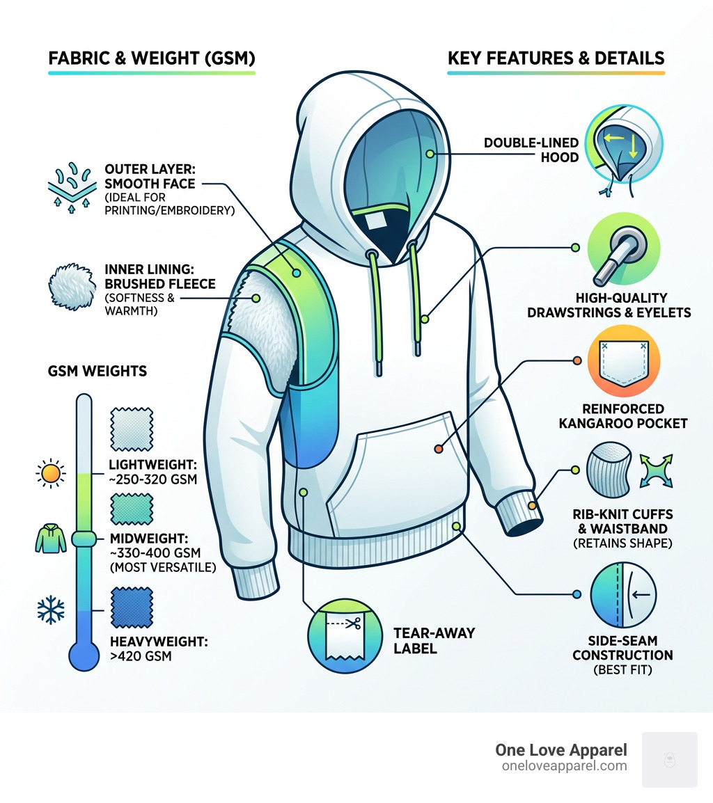 Anatomy of a high-quality blank hooded sweatshirt showing fabric layers, GSM weights, and key features - blank hooded