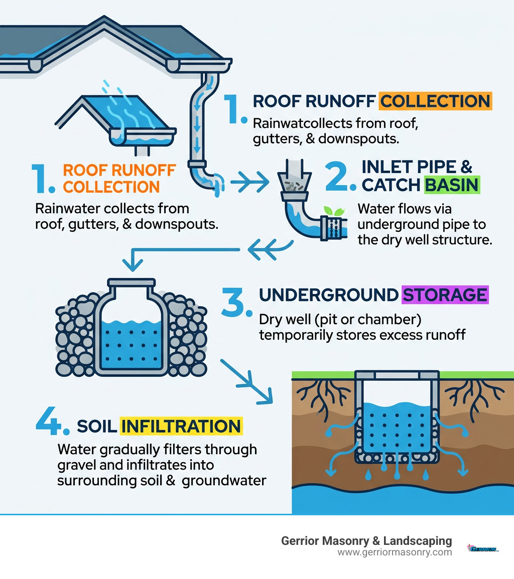 Infographic showing how a dry well collects roof runoff, stores it underground, and infiltrates into soil - Dry Well