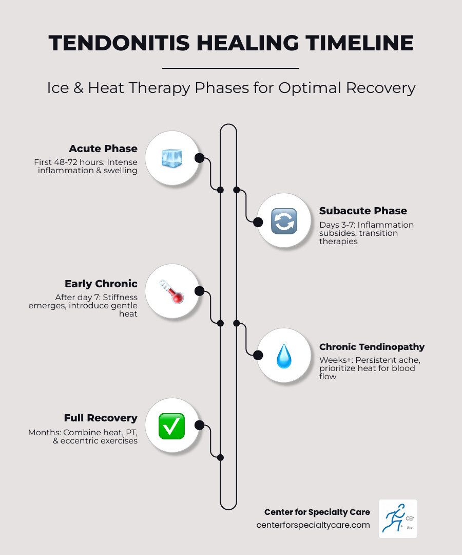 Infographic: Tendon healing timeline from acute inflammation to chronic stage with ice and heat therapy windows - is heat Infographic: Tendon healing timeline from acute inflammation to chronic stage with ice and heat therapy windows - is heat