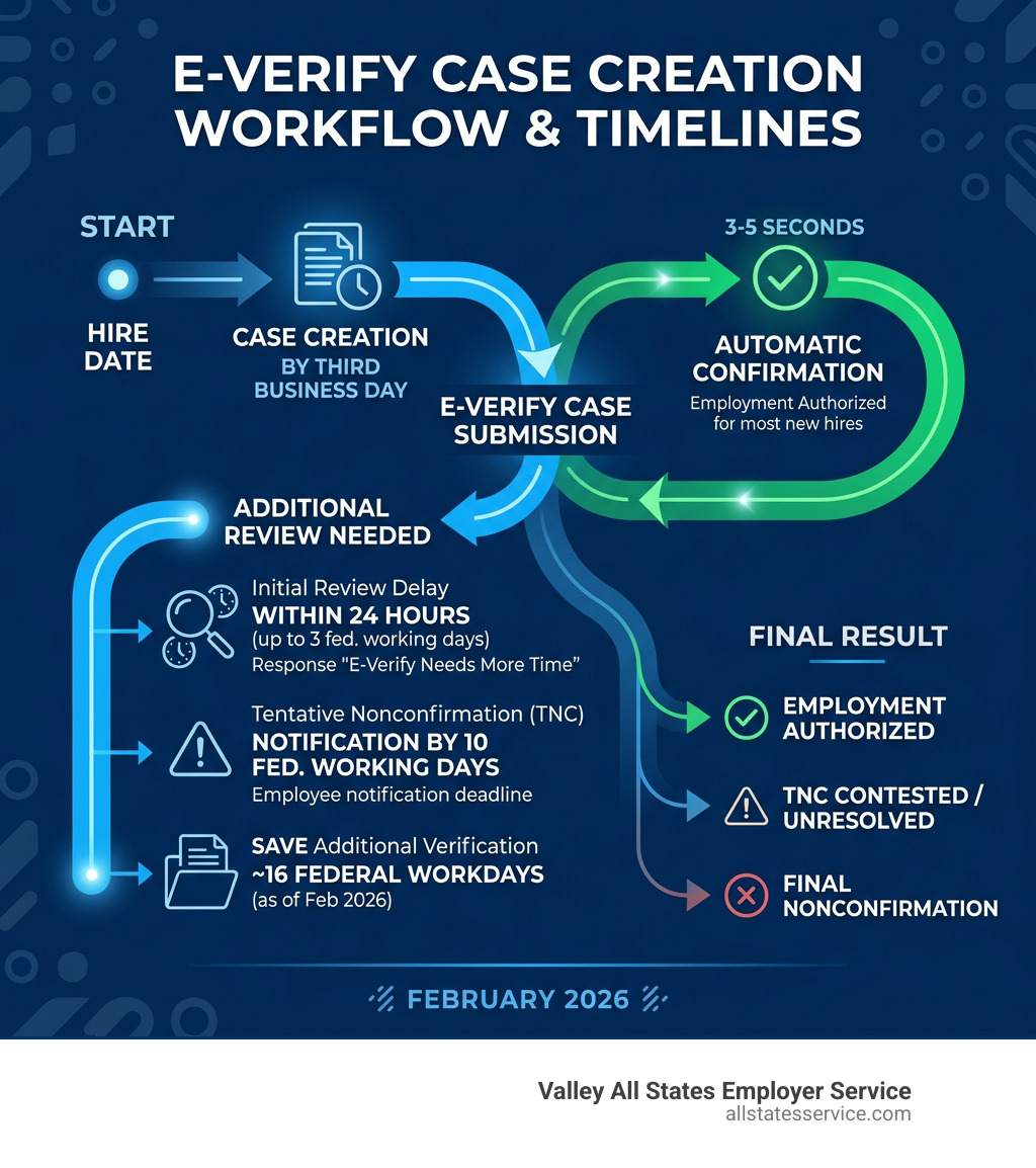 E-Verify case creation workflow infographic showing timelines from hire to final result - average e-verify verification time
