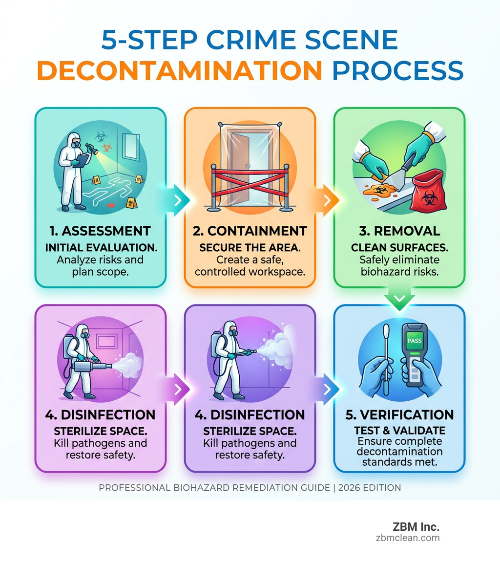 5-step crime scene decontamination process infographic showing assessment, containment, removal, disinfection, and