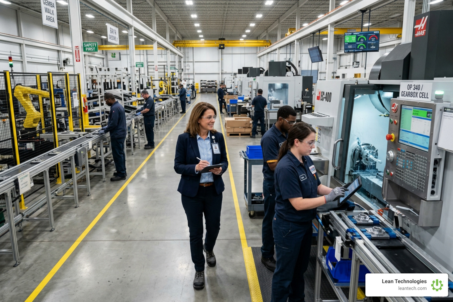 Plant manager performing a Gemba walk on a modern factory floor - lean manufacturing solutions