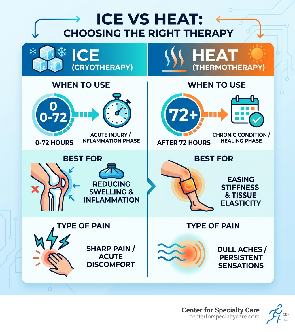 Table comparing ice vs heat: Ice for 0-72 hours, swelling, and sharp pain; Heat for 72+ hours, stiffness, and dull aches Table comparing ice vs heat: Ice for 0-72 hours, swelling, and sharp pain; Heat for 72+ hours, stiffness, and dull aches