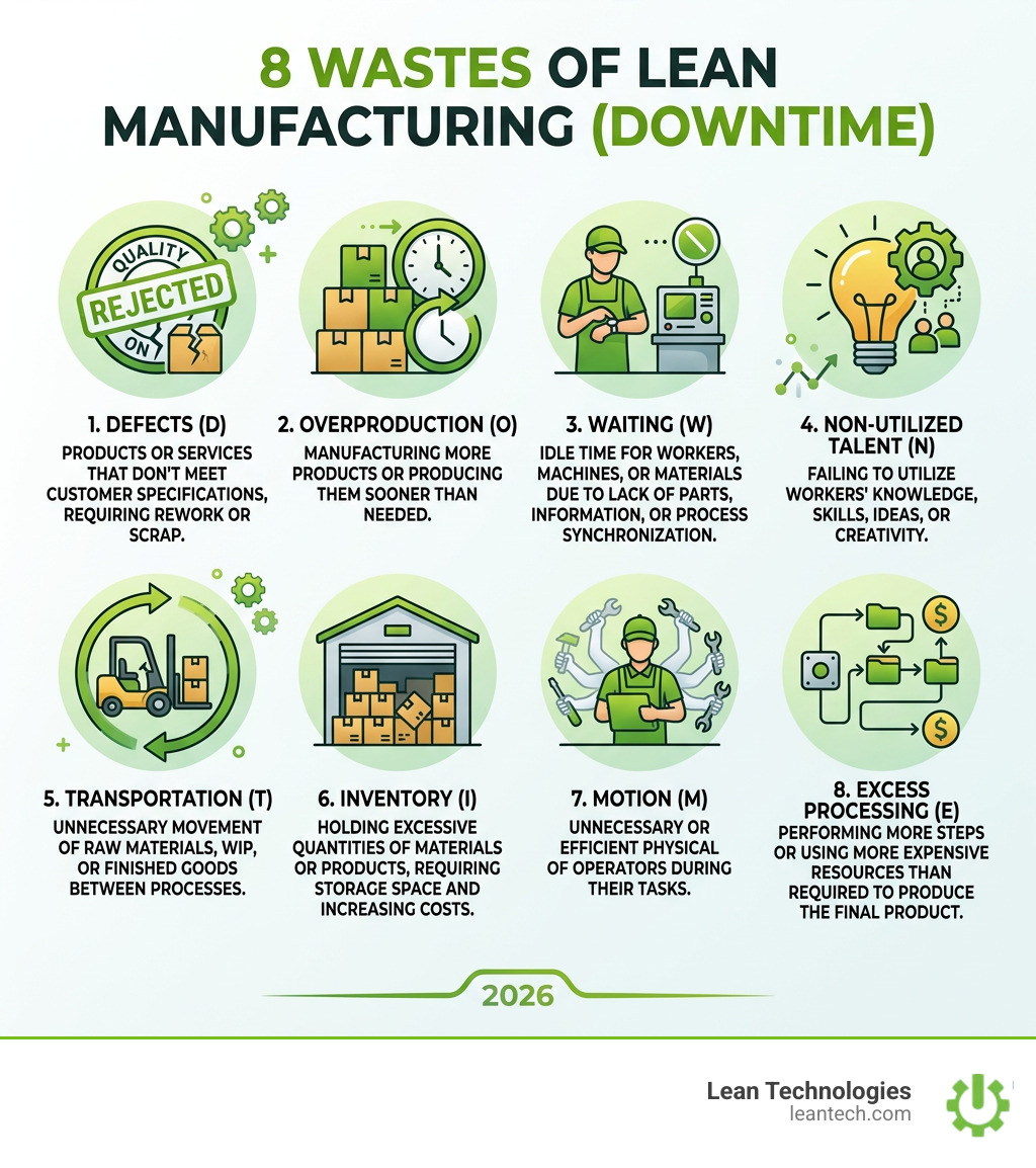 8 wastes of lean manufacturing (DOWNTIME) with icons and brief descriptions for each waste - lean manufacturing solutions