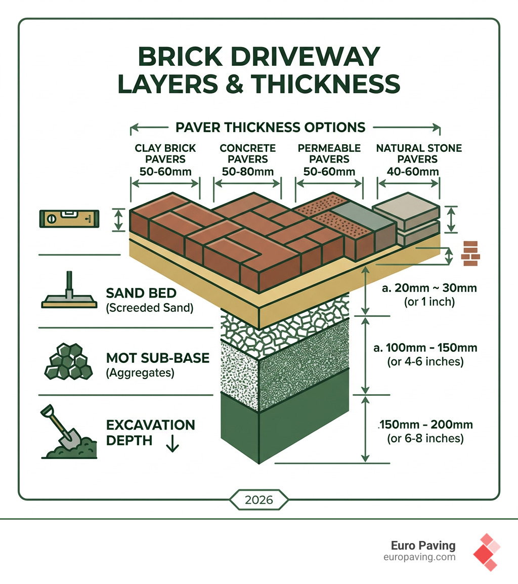 Infographic showing brick driveway layers: excavation depth, MOT sub-base, sand bed, and paver thickness options - brick