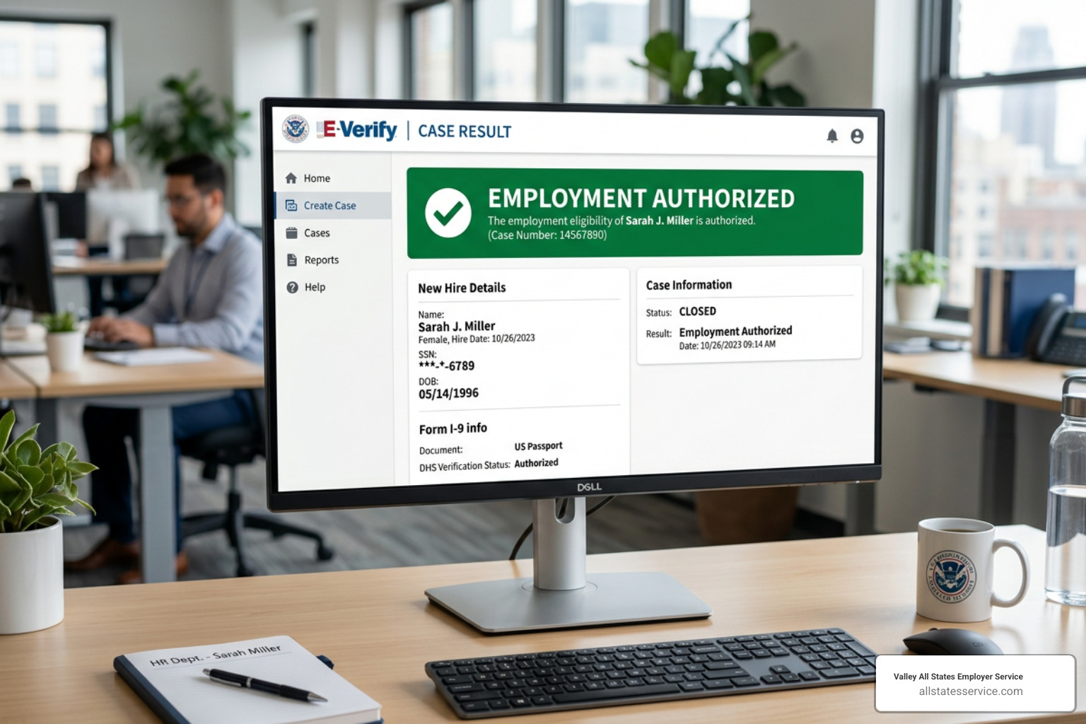 Digital dashboard showing a successful Employment Authorized status for a new hire - average e-verify verification time