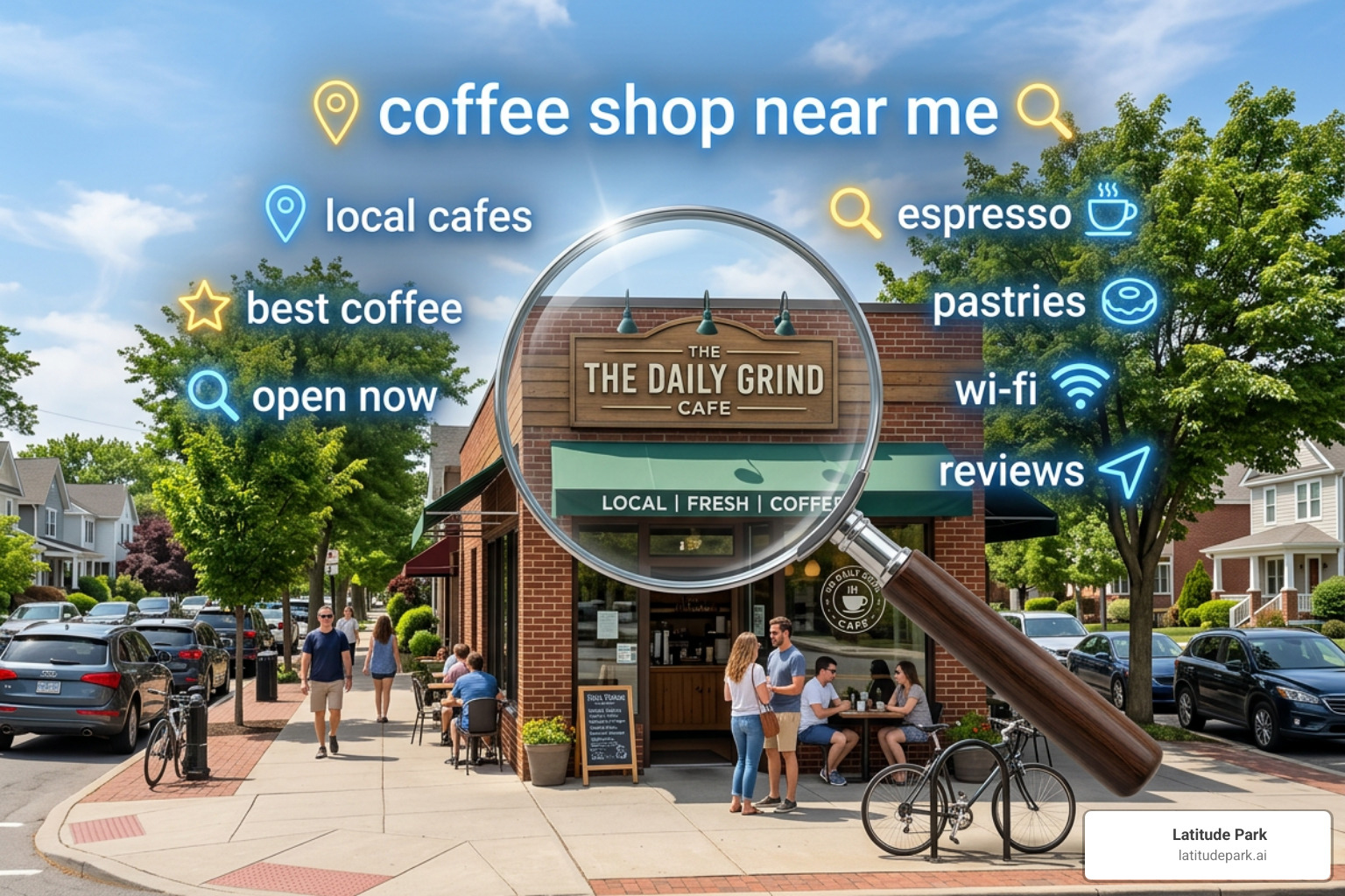 Magnifying glass over a local franchise storefront showing local search intent - seo for franchise