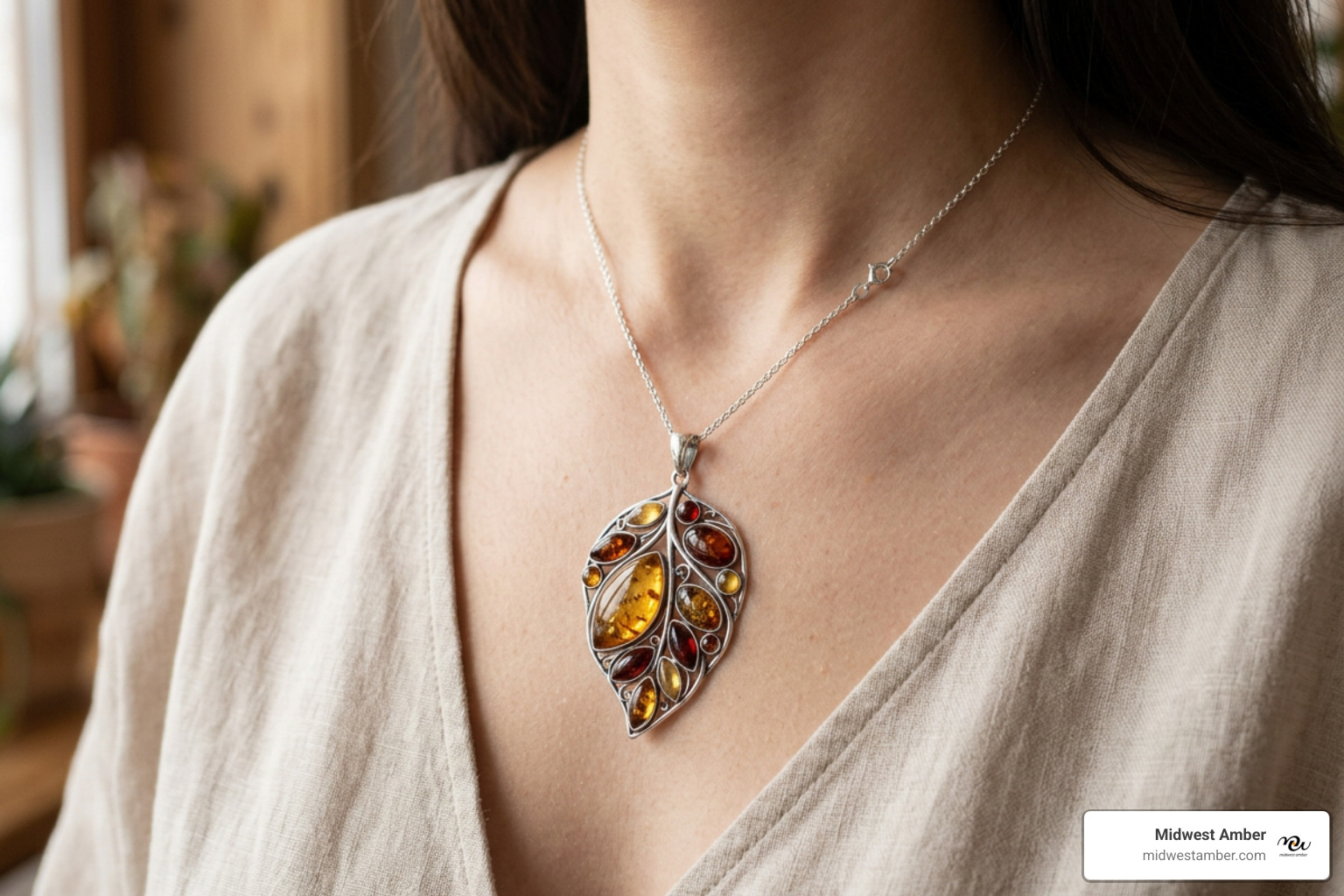 baltic amber leaf pendant necklace sterling silver multiple colors