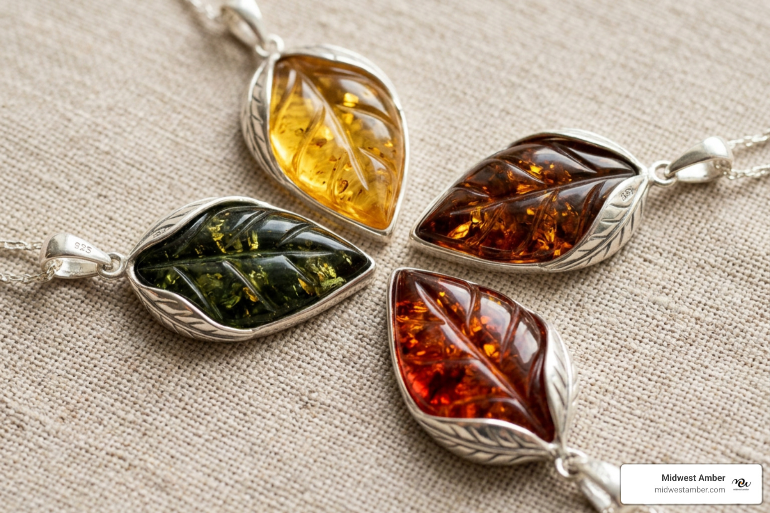 Multiple colors of Baltic amber leaf pendants arranged in a circle - baltic amber leaf pendant necklace sterling silver