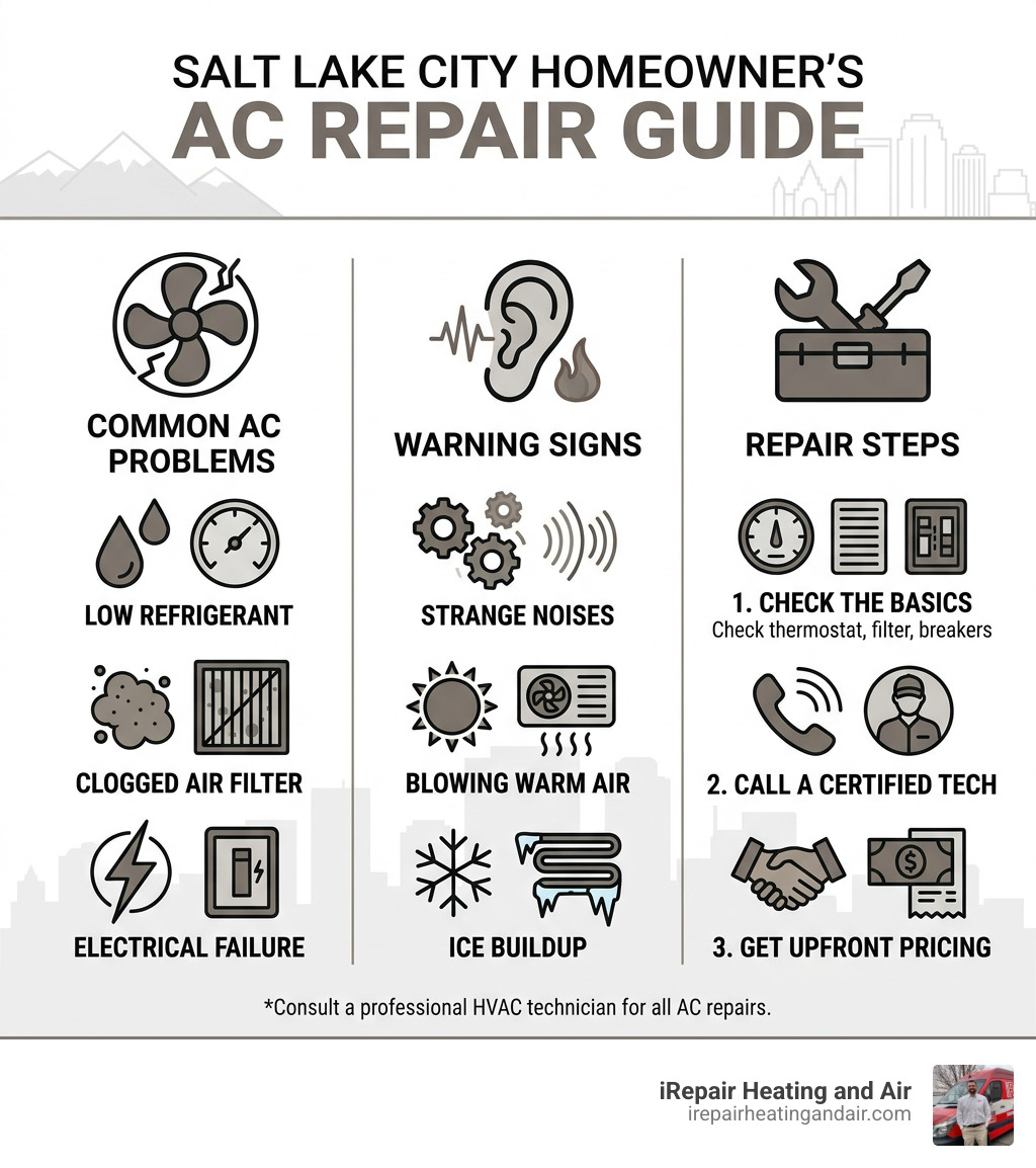 Infographic showing common AC problems, warning signs, and repair steps for Salt Lake City homeowners - air conditioner