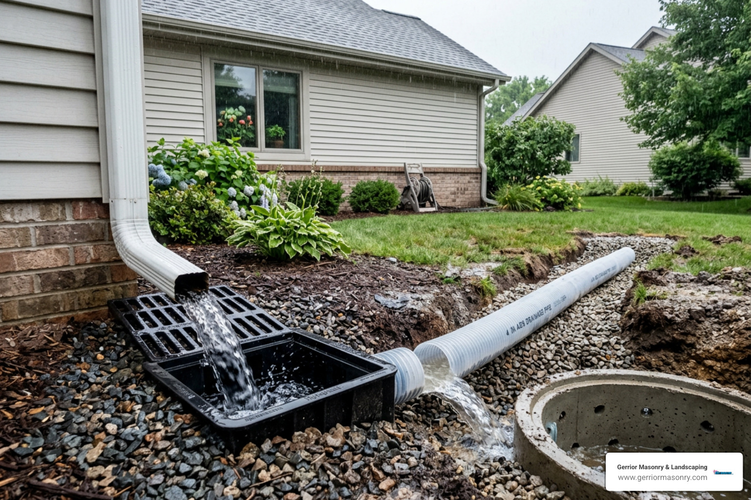 Stormwater runoff entering a catch basin before flowing to a dry well - Dry Well