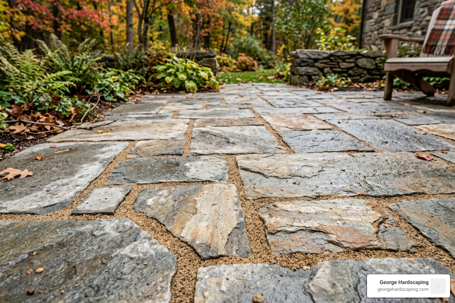Natural stone pavers with polymeric sand joints designed for New England weather - Patio design Georgetown MA